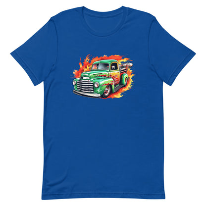 American classic pickup, Truck in fire, Rocket car in flame, Fiery road, Hot rod, Speed and fire - Unisex t-shirt
