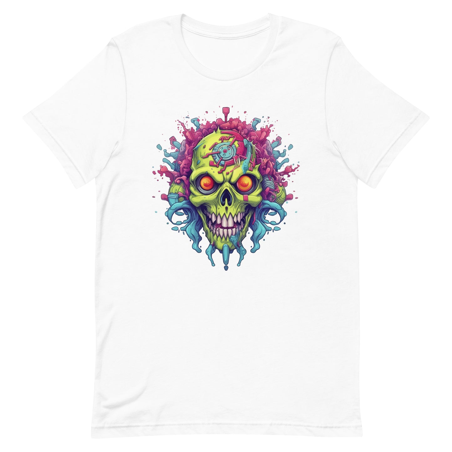 2d game art, Hellish skull, Electronic zombie, Colorful splashes, Cyberpunk futurism, Graffiti style illustration, Neon electric colors - Unisex t-shirt