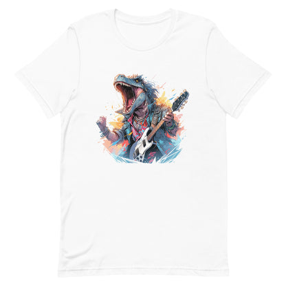 Dinosaur with guitar, Dino and sharp teeth of hard rock, Dragon rock and roll, Most music reptile in urban jungle - Unisex t-shirt