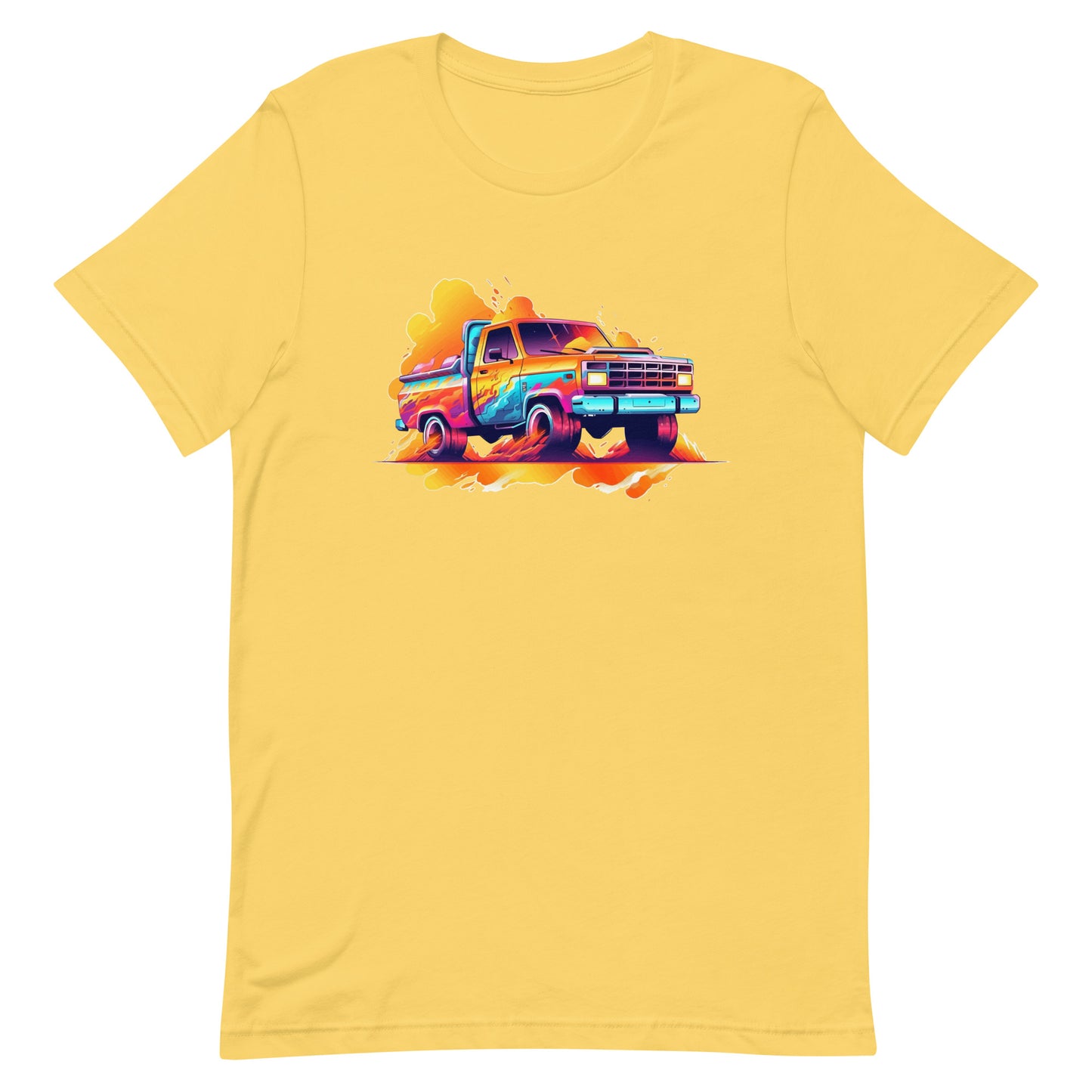 Classic pickup in yellow-red and blue colors, Vintage truck from the 80s, Colorful graphics, Pop Art, Neonpunk and retrowave style - Unisex t-shirt