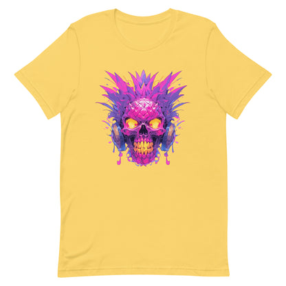 Fantastic mutant portrait, Yellow eyes and gold teeth, Fantasy fruit head, Pineapple skull in headphones, Pineapple monster Pop Art - Unisex t-shirt