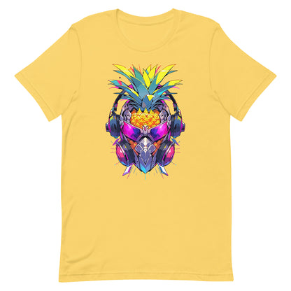 Cyber pineapple in headphones and pink glasses, Fantastic fruit cyborg head, Pop Art fantasy mutant - Unisex t-shirt