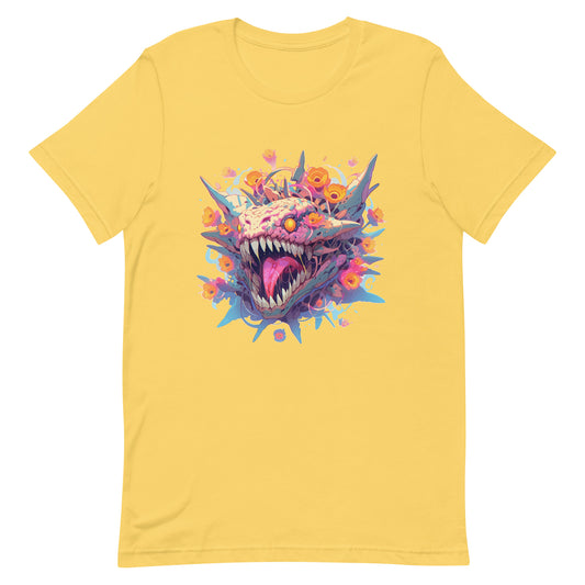 Colorful crazy monster illustration, Orange evil eyes, Mutant with sharp horns and fangs in flowers - Unisex t-shirt