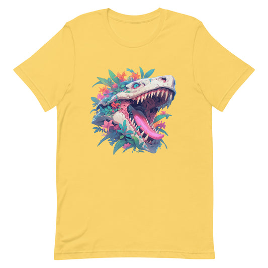 Dino jaws and toothy monster, Wild jungle predator in flowers, Fantastic roar dragon, Fantasy animal illustration - Unisex t-shirt