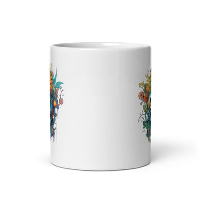 Cyber cartoon monster on a background of flowers, Funny fantastic grotesque predator, Fantasy animals, Mystical theme, Horror illustration - White glossy mug