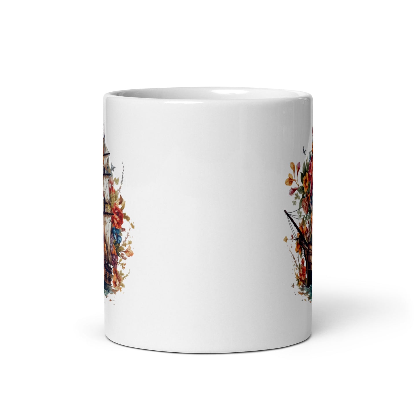 Sailboat illustration in sea, Ship with sails art composition, Frigate and flowers - White glossy mug