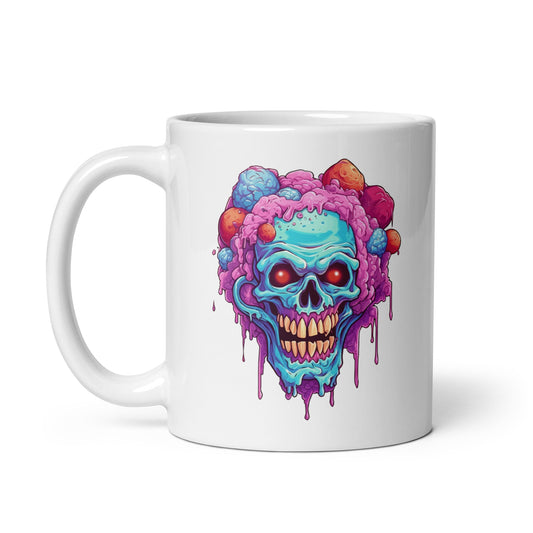 Skull head that has a purple and blue candy, Ice cream skull and red eyes, Creepy clown, Cartoon skull with crazy hair and dripping cola - White glossy mug