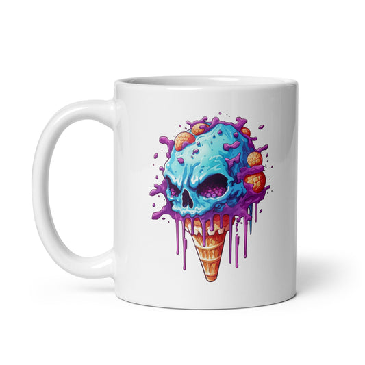 Skull head that has a purple and blue candy, Cartoon zombie skull with crazy dripping cola, Skull ice cream, Pop Art illustration - White glossy mug
