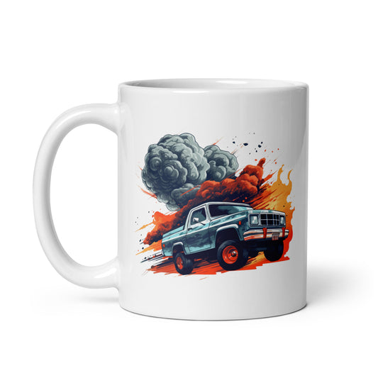 Offroad beast, Explosive wildlife, SUV vehicle in fire and mud, Pickup truck predator on fire - White glossy mug