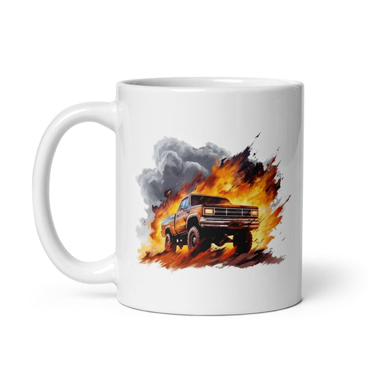 Explosive wildlife, Offroad beast, SUV vehicle in fire and mud, Pickup truck predator on fire - White glossy mug