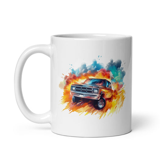 Cool truck in fire, Pop Art, Explosive wildlife, Offroad madness and speed, Wheels in flames and mud - White glossy mug