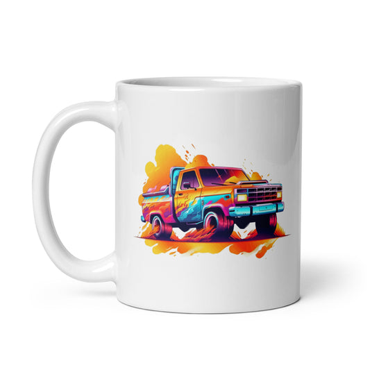 Classic pickup in yellow-red and blue colors, Vintage truck from the 80s, Colorful graphics, Pop Art, Neonpunk and retrowave style - White glossy mug