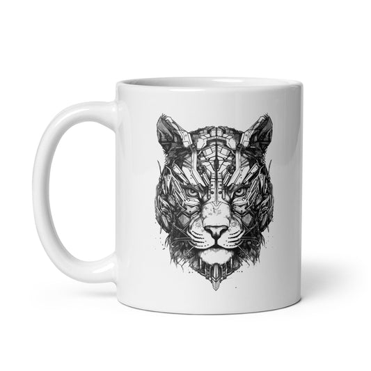 Cyber big cat, Tiger black and white illustration, Animals and cyberpunk, Fantasy art portrait, Fantastic animals - White glossy mug