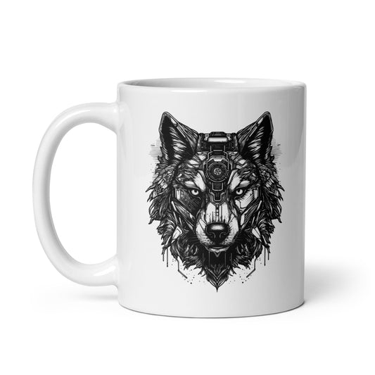 Fantasy art portrait of wolf, Fantastic animals, Animals and cyberpunk, Cyber Wolf, Wolf black and white illustration - White glossy mug