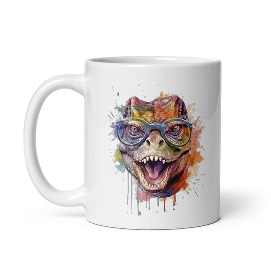 Dinosaur in glasses, Cheerful dino, Portrait of reptile, Watercolor illustration - White glossy mug