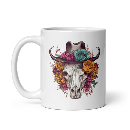 Flowers illustration and bull skull, Horned hat, Bull skull in hat and flowers, Farm portrait, Folk and country style - White glossy mug