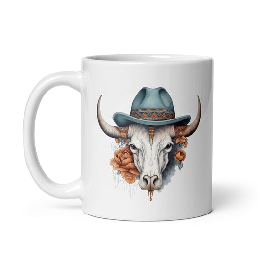 Bull in hat and flowers, Farm, Portrait cow, Flowers illustration, Horned buffalo, Folk and country style - White glossy mug
