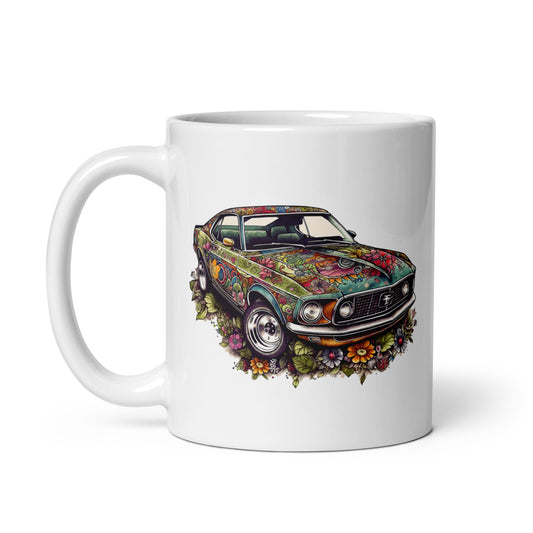 Gift for country lovers, Classic car, Folk style art, Muscle car illustration, Flowers on car - White glossy mug