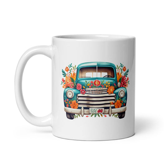 Folk style illustrations, Country pickup and truck, Car in flowers, Gift for lovers farm - White glossy mug