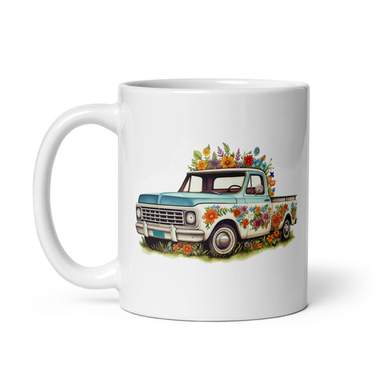 Folk style art, Pickup and truck on cup, Flower illustrations, Country car - White glossy mug