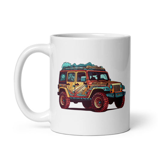 4x4 car illustration, Gift for car lovers, Summer, Beach SUV, Folk illustrations, Automotive art - White glossy mug