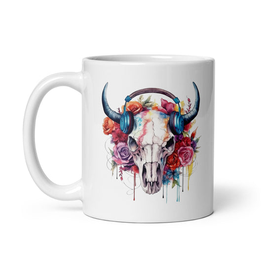Bull skull in headphones and flowers art, Portrait cow, Flowers illustration - White glossy mug