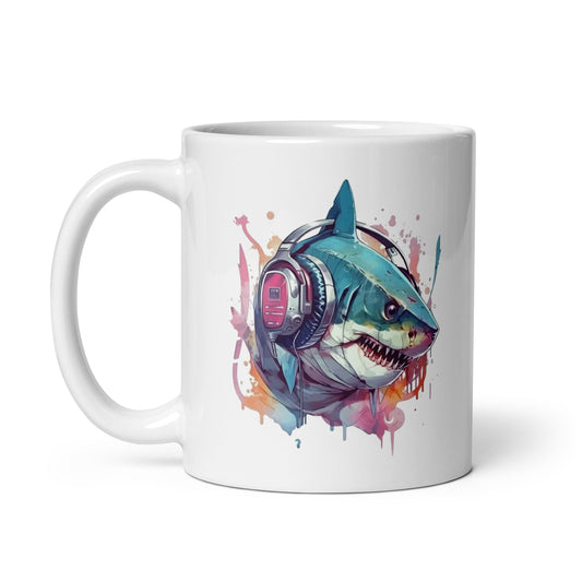 Shark in headphones illustration, Sea animals, Fantasy portrait, Predator fish - White glossy mug
