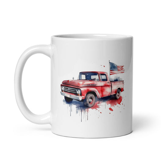 American pickup truck, Red car, Watercolor illustration, American flag, Patriotic designs - White glossy mug