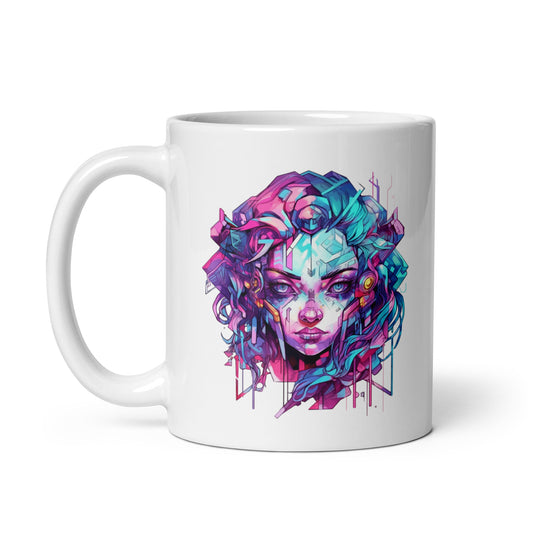 Fantasy princess, Crystal girl, Pink and blue girl illustration, Fantastic portrait, Face girl - White glossy mug