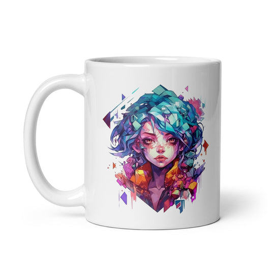 Fantastic portrait, Face girl, Fantasy princess, Crystal girl, Pink and blue girl illustration - White glossy mug