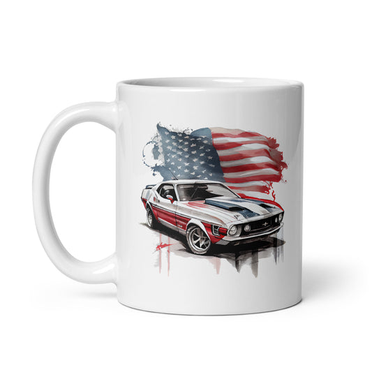 American classic car, Patriotic designs, USA flag, watercolor illustration - White glossy mug
