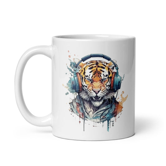 Tiger in headphones art, Portrait animal, Fantastic tiger illustration - White glossy mug
