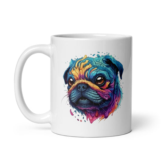 Alien colorful pug, Fantastic animals, Pug illustration, Fantasy art portrait of dog - White glossy mug