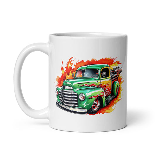 American classic pickup, Truck on cup, Rocket car in flame, Fiery road, Hot rod, Speed and fire - White glossy mug