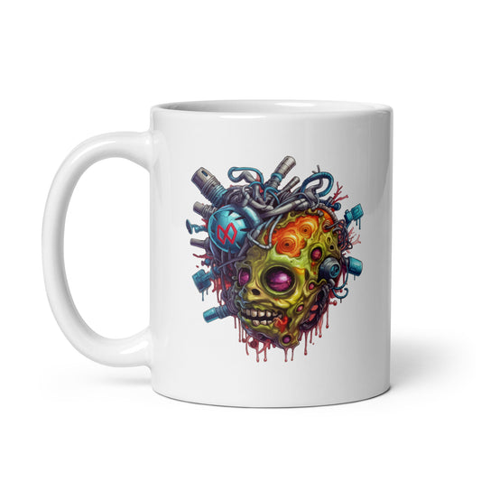 Electric zombie, Virus heart, Graffiti style illustrations, Neon colors, Cyberpunk realism, Detailed sci-fi illustration - White glossy mug