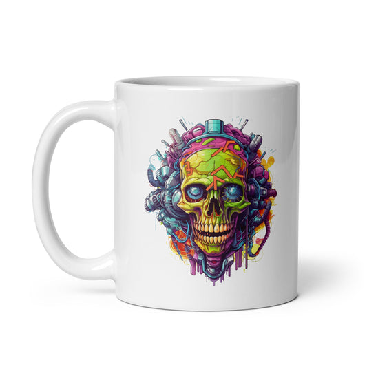 Electronic mind zombie, Graffiti style illustration, Hellish skull, Neon electric colors, Cyberpunk realism, Detailed Pop Art sci-fi illustrations - White glossy mug