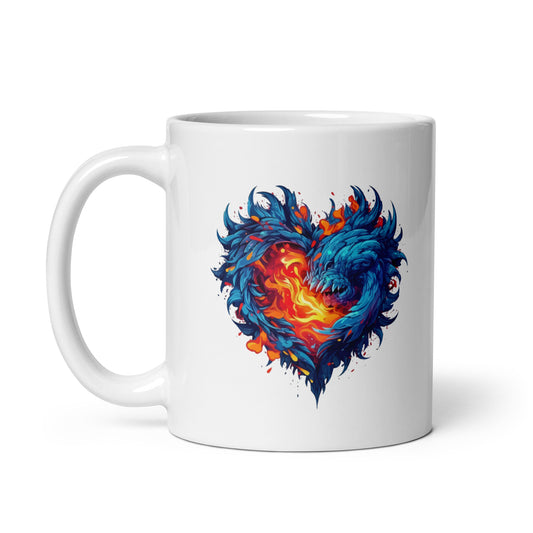 Azure and aquamarine monster heart with fire inside, Love flame in dragon heart, Hot and bright manga style illustration - White glossy mug