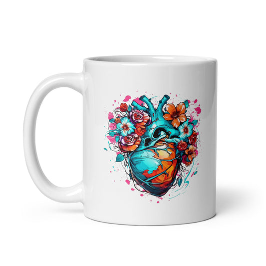 Colored heart with flowers and splatter paint, In the style of realistic anatomy and scientific illustration, Anime influenced, Graphic arrangements, Cyan and amber - White glossy mug