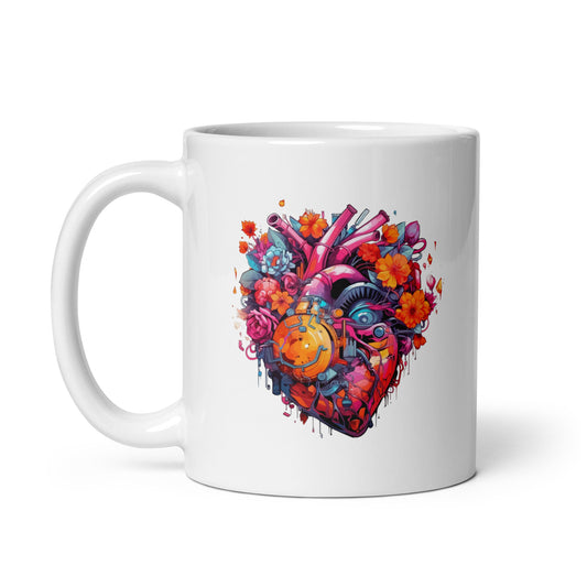 Colorful cyber heart with flowers, Realistic anatomy and science illustration, Anime influence, Cyberpunk and high tech, Love mechanics - White glossy mug