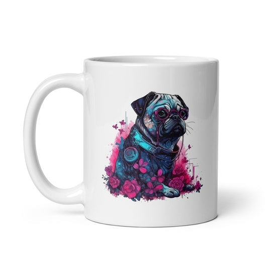 Pug illustration, Cyber pug, Animals and cyberpunk, Fantasy art portrait of dog, Fantastic animals printable - White glossy mug