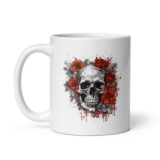 Flowers and skull illustration, Skull head portrait, Horror art, Smile skull, Black and red colors - White glossy mug