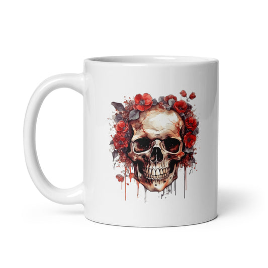 Black and red colors, Horror art, Blood color, Skull and flowers illustration, Skull head portrait, Smile skull - White glossy mug