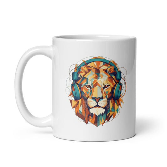 Fantastic portrait of lion, Lion colorful illustration in headphones, Cubism style, Music and animals - White glossy mug