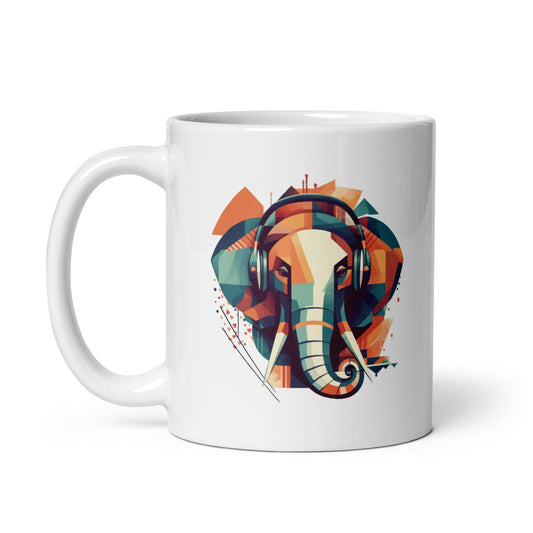 Elephant illustration in headphones, Fantastic portrait of elephant, Cubism style, Music and animals - White glossy mug
