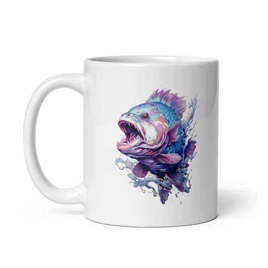 Big predatory fish illustration, Purple scales and fins and jaws, Blue watercolor fantasy fish, Fantasy river fishing, Light colors of indigo and purple - White glossy mug