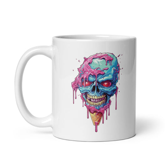 Head bones with purple and blue candies, Ice cream skull and red eyes, Pop Art style illustration, Cartoon skull zombie and crazy ice cream - White glossy mug