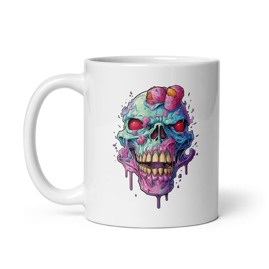 Ice cream skull, Head bones with pink candies and red eyes, Pop Art style illustration, Cartoon skull with crazy dripping ice cream - White glossy mug
