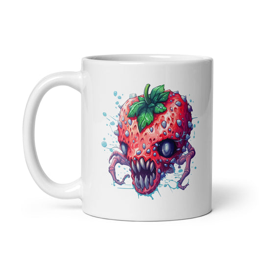 Psychic strawberry monster, Zombie virus berry, Fantastic predator in surrealism, Apocalyptic Pop Art, Horror illustration, Water drops - White glossy mug