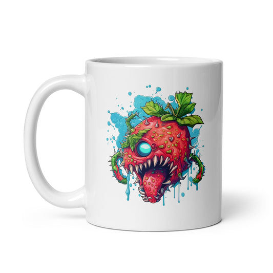 Fantastic predator in surrealism, Psychic strawberry monster, Apocalyptic Pop Art, Horror illustration, Zombie virus berry, Water drops - White glossy mug