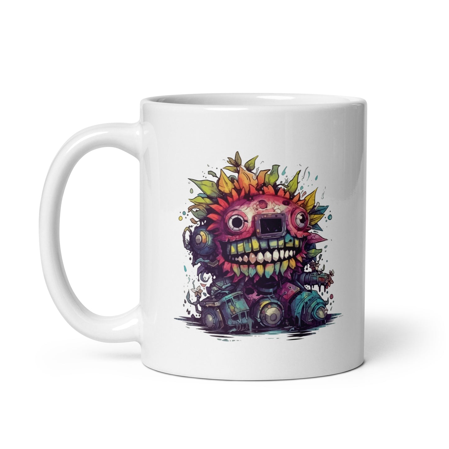 Cyber horror illustration, Cartoon monster on a background of flowers, Funny fantastic predator, Fantasy animals, Mystical technology - White glossy mug